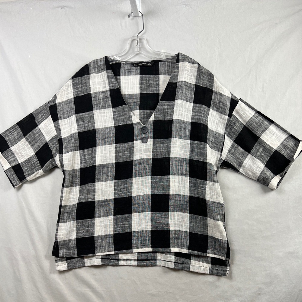 Zara Basic Top Women XL Black White Buffalo Check Linen Blend V-Neck Boxy